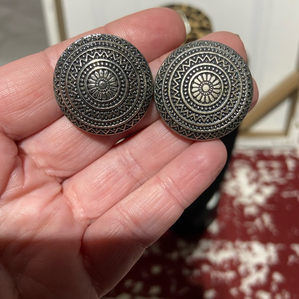 Oxidized Silver Tine Tribal Mandala Button Earrings Textured